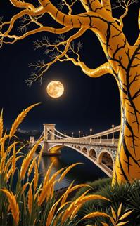 photograph, masterpiece, Long exposure of a Ornate Elastic Czech Bridge , it is made from Baobab