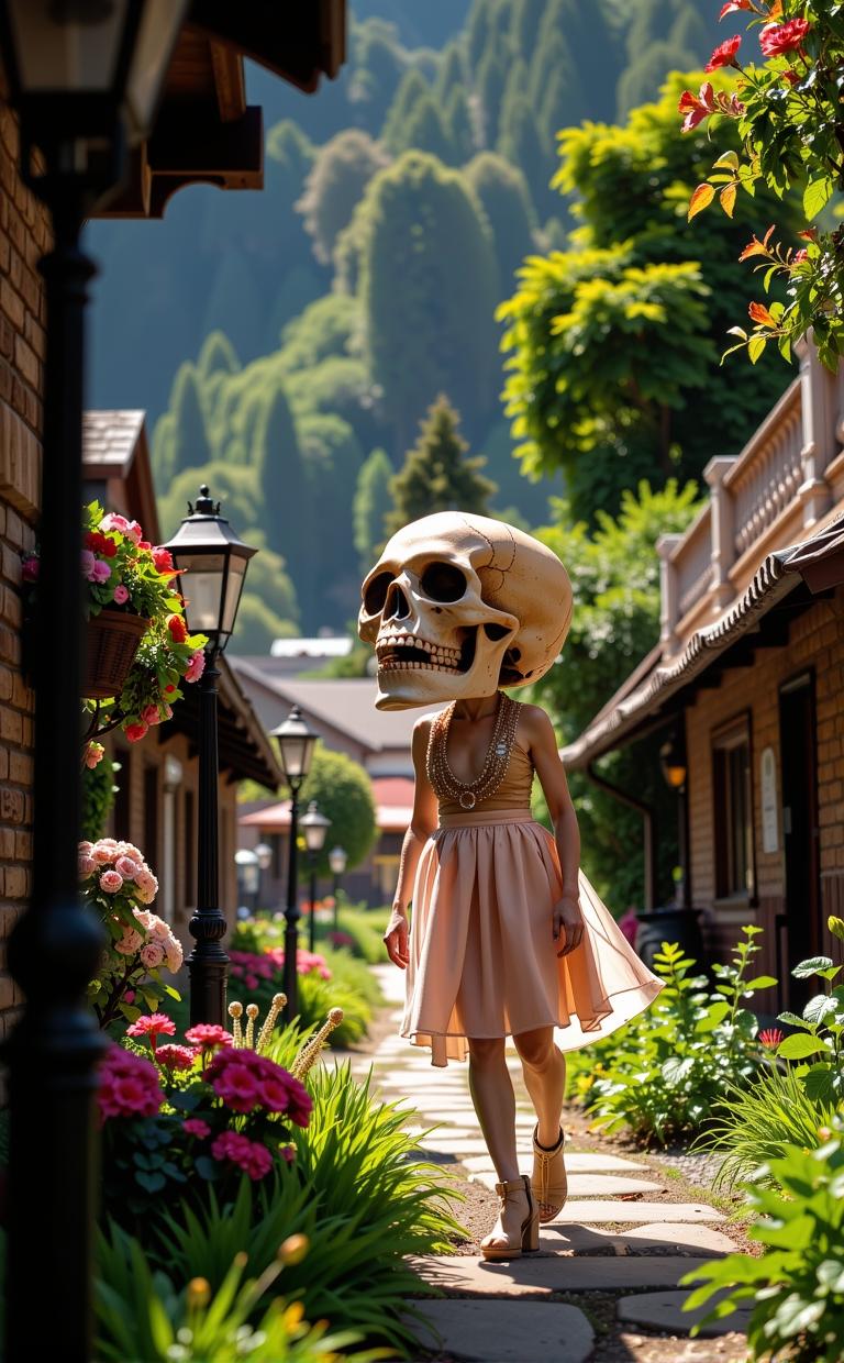 photograph, lush street and Supermassive black hole in background, intricate details, Landscape of a Disheartened Inconsiderate Burlesque Skull of Magic