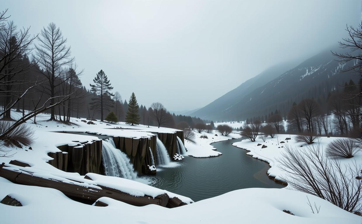 art by Frieke Janssens and Joseba Elorza and Stefan Gesell and Lisa Holloway , photograph, stylized, landscape of a Retrofuturism Fairy Tale Tundra from inside of a Waterfall oasis