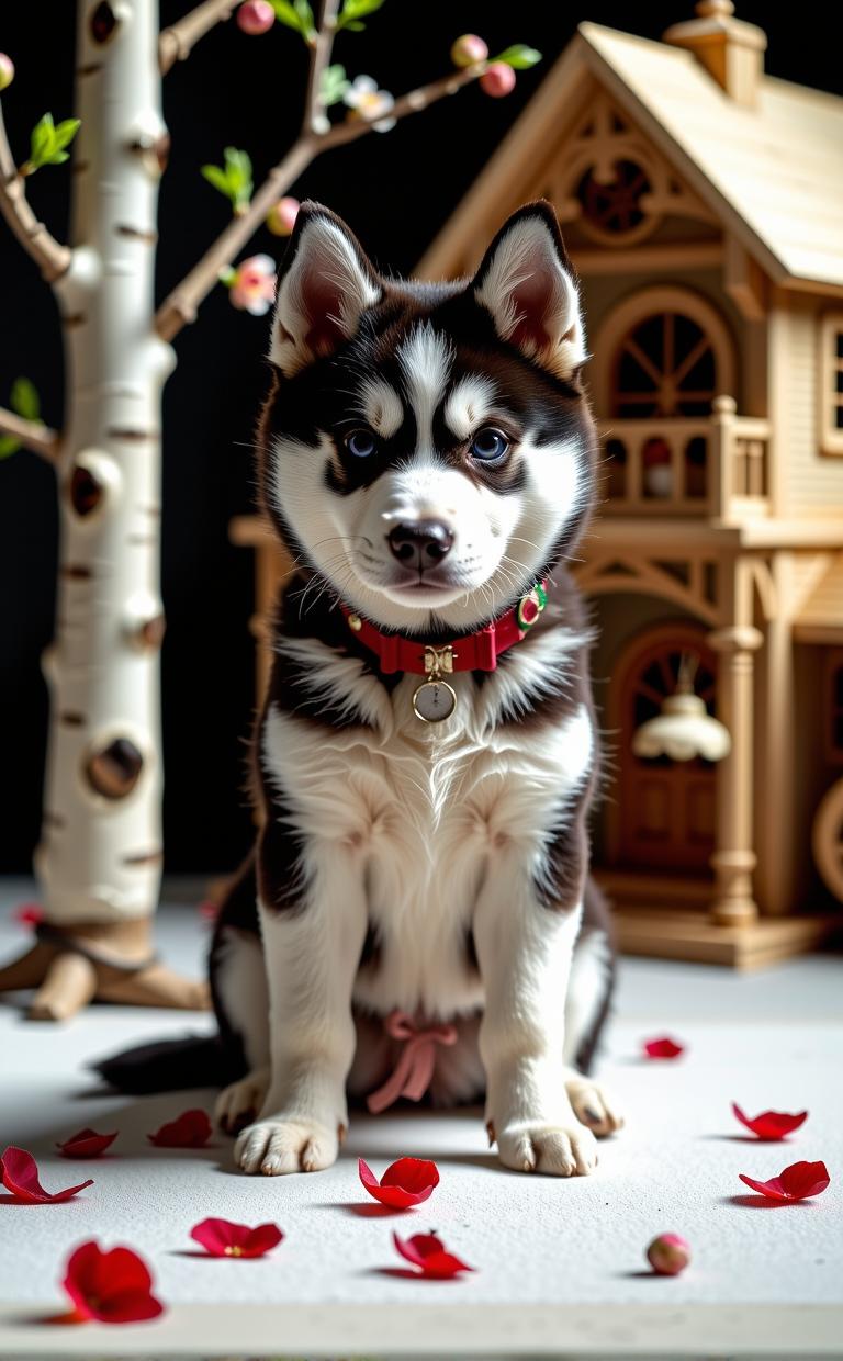 designed by Philip Lorca diCorcia and Alex Prager , photograph, elegant, hip level shot of a giant Siberian Husky Puppy of Skill