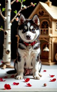 designed by Philip Lorca diCorcia and Alex Prager , photograph, elegant, hip level shot of a giant Siberian Husky Puppy of Skill