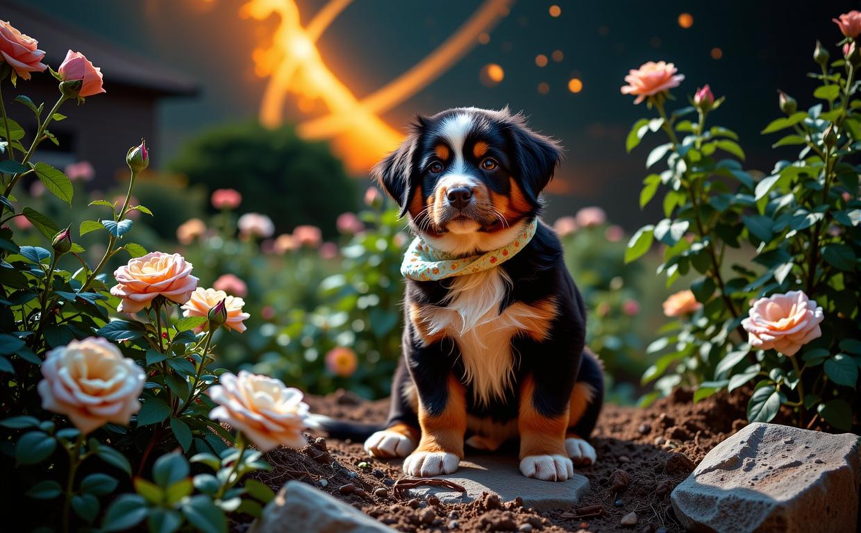 designed by Beth Conklin and Harvey Stein and Wes Anderson , photograph, Golden ratio, Portrait of a Celestial Translucent Bernese Mountain Puppy