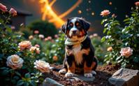 designed by Beth Conklin and Harvey Stein and Wes Anderson , photograph, Golden ratio, Portrait of a Celestial Translucent Bernese Mountain Puppy