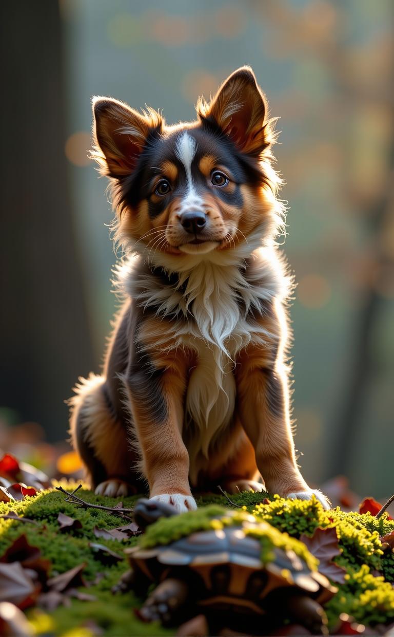photograph, concept art, Fashion shot of a Elder Vile Australian Shepherd Puppy Tortoise hybrid, simple Provia background