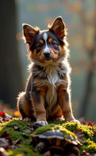 photograph, concept art, Fashion shot of a Elder Vile Australian Shepherd Puppy Tortoise hybrid, simple Provia background