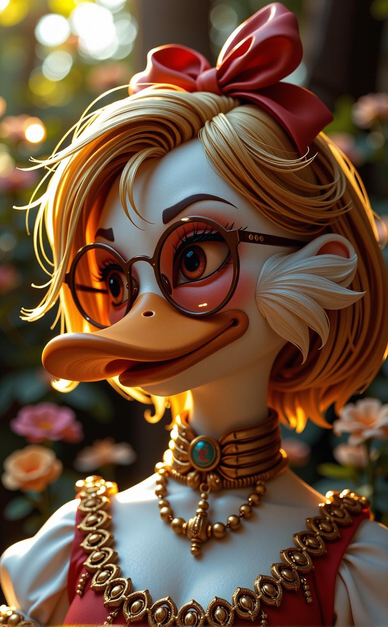 photograph, ethereal, two shot angle of a Skillful Good well built Peruvian Daisy Duck , she is cosplaying as Issa Dee
