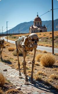 photograph, desolate field and street, masterpiece, close up shot of a Lesser Baggy Algerian Skeleton