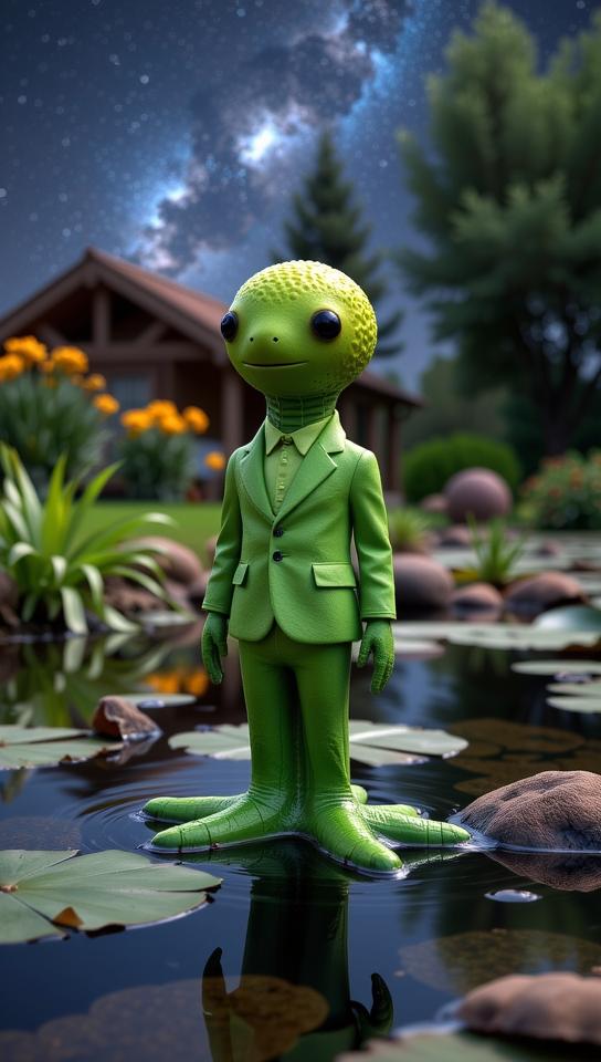 photograph, desolate pond and Cassiopeia constellation in background, intricate details, Dutch angle shot of a Award Winning Lace Sea Cucumber with electric green formal suit