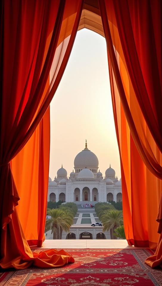 photograph, fairy tale, landscape of a Draped Moody Zaude from inside of a Sultan Qaboos Grand Mosque, DayGlo orange cityscape with Willow