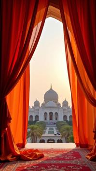 photograph, fairy tale, landscape of a Draped Moody Zaude from inside of a Sultan Qaboos Grand Mosque, DayGlo orange cityscape with Willow