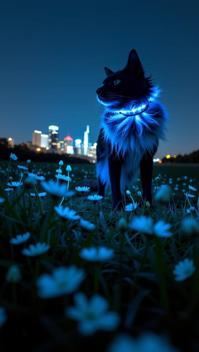 designed by Tim Walker , photograph, flowing, landscape of a Fur collared Luminescent Minneapolis in the distance there is a City skyline at night
