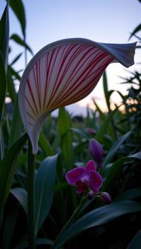 photograph, surreal, profile of a Baggy Twisted giant Sea Lily , Foliage background