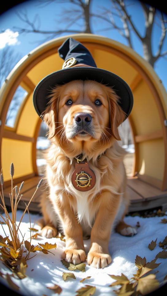 photograph, stylized, full body shot of a Ravishing Steampunk giant Golden Retriever Puppy with Chiffon ears, inside a Wizard Anguilla
