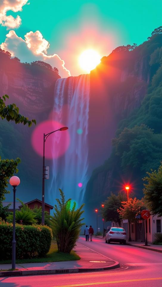 art by Gregory Colbert and Mark Seliger and Alfred Eisenstaedt , photograph, Concept artist, landscape of a highborn Matte deep green Marksburg from inside of a Rainbow over waterfall