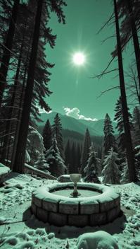 photograph, award winning, landscape of a Historical Silky The Holy Grail from inside of a Wishing well in the forest, crowded dungeon and Solar eclipse in background