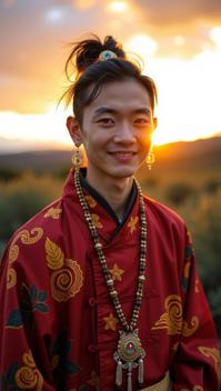 photograph, hyper detailed, Studio shot of a Quirky Sparse skinny Mongolian Man , he as Han Dynasty God