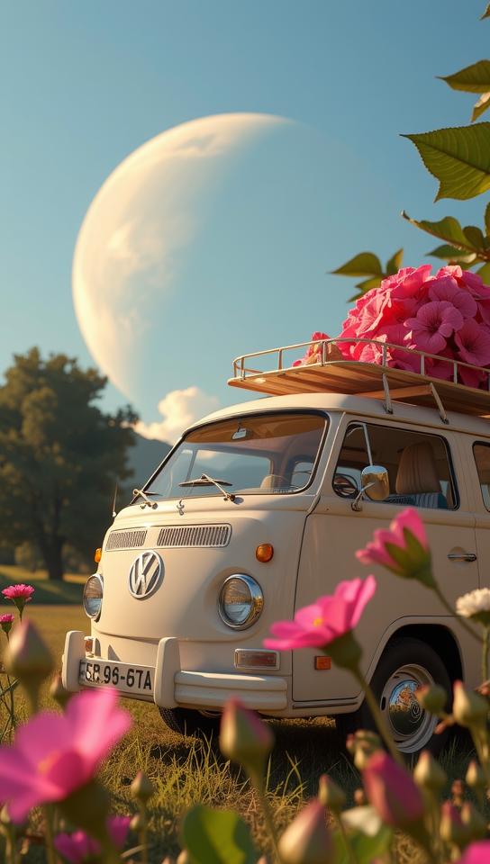 photograph, cheetah print flowers and Alpha Centauri in background, masterpiece, full body shot of a Tender Giant British Volkswagen