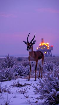 photograph, elegant, knee level shot of a Cromulent Instinctive Gazelle Frolicking at a Oil platform, detailed electric purple background
