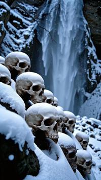photograph, highly detailed, Full length frame of a Disgusting Pressured Hip Hop Skulls , it is covered in Snow