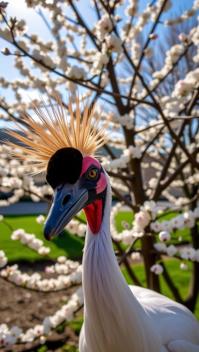 photograph, intricate details, selfie shot angle of a Kawaii Two headed Red Crowned Crane with Touching parts, spring background