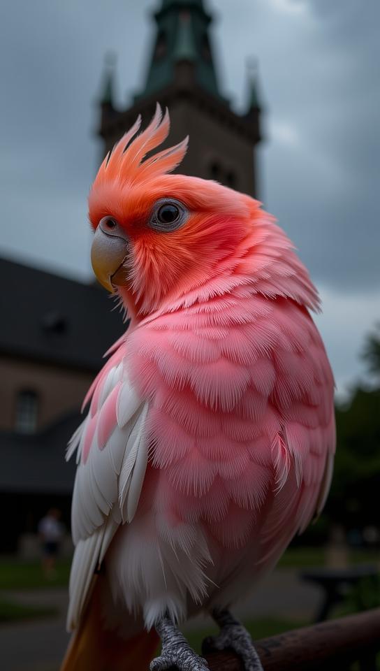 photograph, intricate details, profile of a Raspberry, Coral and Peach pokemon style Cockatiel