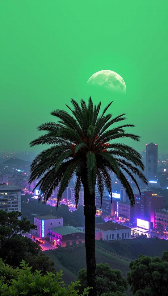 stylized by Elsa Bleda and David Spriggs , photograph, detailed, landscape of a Imperial City and Melting Italian Palm tree