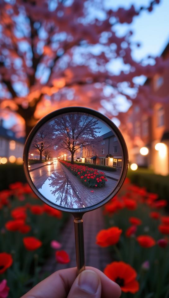 photograph, Scandinavian street with Poppies, insane details, selfie shot angle of a Through the looking glass