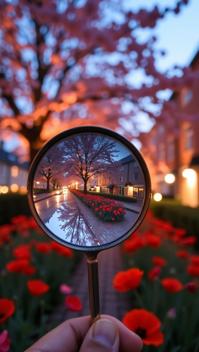 photograph, Scandinavian street with Poppies, insane details, selfie shot angle of a Through the looking glass