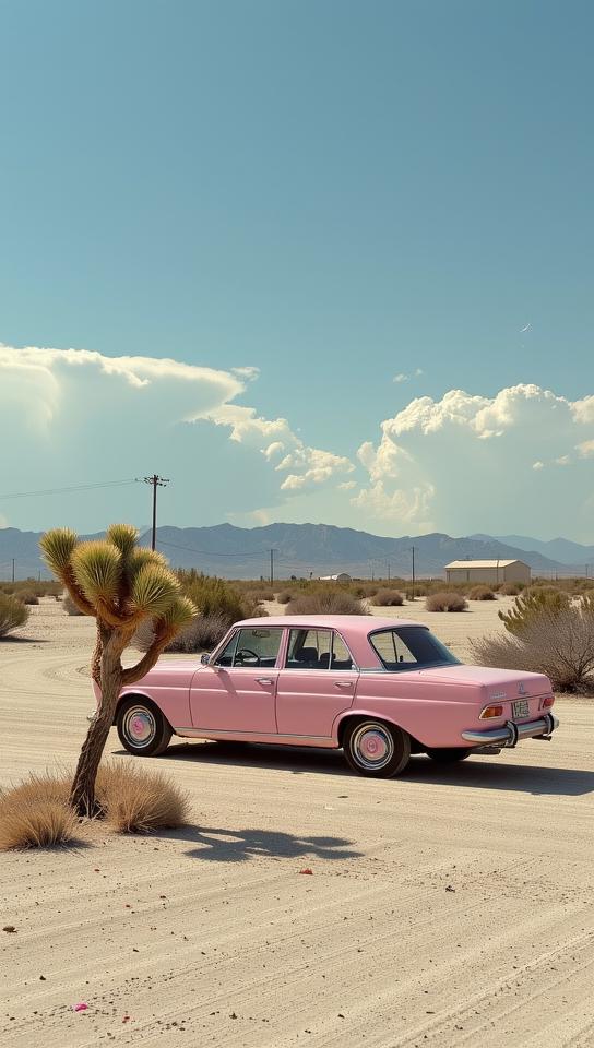 designed by Marianna Rothen and Thomas Hawker and Clemens Ascher , photograph, Mauve theme , landscape of a Aesthetically Pleasing Winged Salt Desert Scrub and Wretched Greek Mercedes Benz