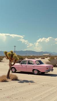 designed by Marianna Rothen and Thomas Hawker and Clemens Ascher , photograph, Mauve theme , landscape of a Aesthetically Pleasing Winged Salt Desert Scrub and Wretched Greek Mercedes Benz