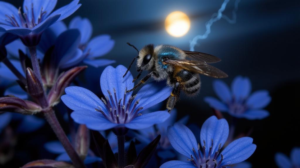 professional Photograph, stylized, wide shot of a Blue Carpenter Bee , it is very Blue and Moody