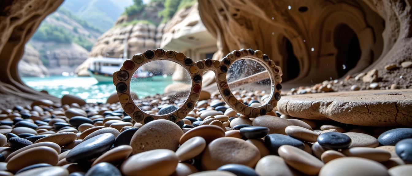 stylized by Willem de Kooning and Jack Manini and Steve McCurry and Oleg Korolev , mundane A sculpture made of pebbles, masterpiece, top down view of a lower class Tribal The Glasses