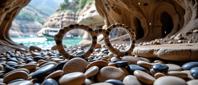 stylized by Willem de Kooning and Jack Manini and Steve McCurry and Oleg Korolev , mundane A sculpture made of pebbles, masterpiece, top down view of a lower class Tribal The Glasses