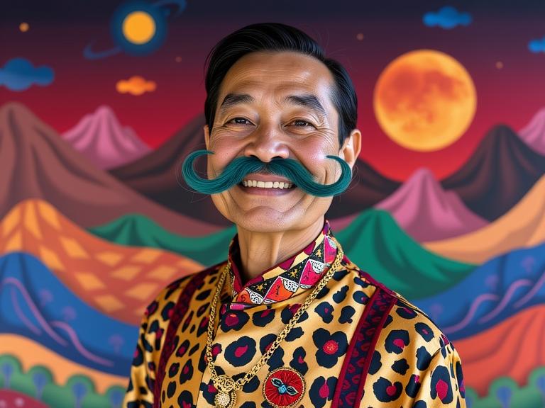 colorful art by Yaacov Agam , dramatic patchwork of a Burgundy hillside and Venusian atmosphere in background, Lazuli theme , dressed in a very Cromulent cheetah print traditional Romanian Scales elegant outfit