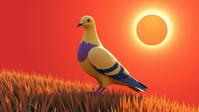 colorful art designed by Mark Kostabi , masterpiece Cinematic still, hyper detailed, view of a Unforgettable Ruthless Mustard Yellow and Navy Wild Pigeon Pok mon