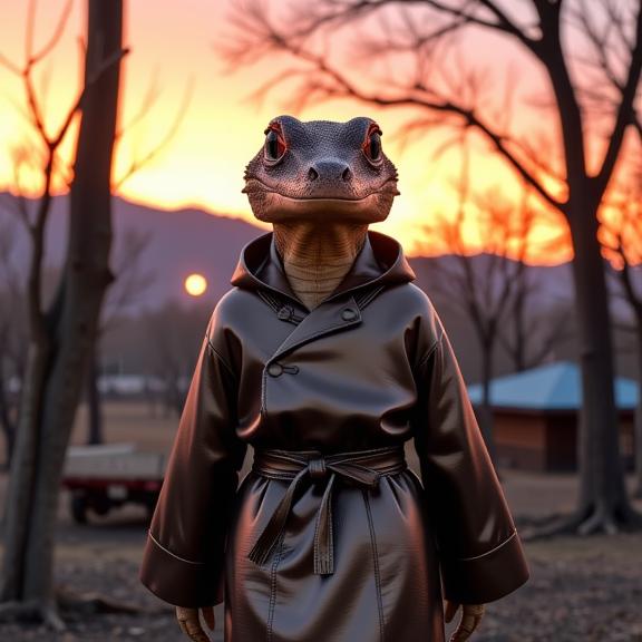 top notch d blender render, surreal, rear angle of a Business Stylish were Salamander with Metal robe tailored by Tommy Hilfiger, Feminine Skyrim in background
