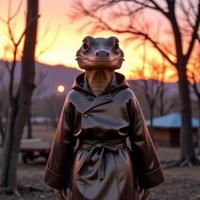 top notch d blender render, surreal, rear angle of a Business Stylish were Salamander with Metal robe tailored by Tommy Hilfiger, Feminine Skyrim in background