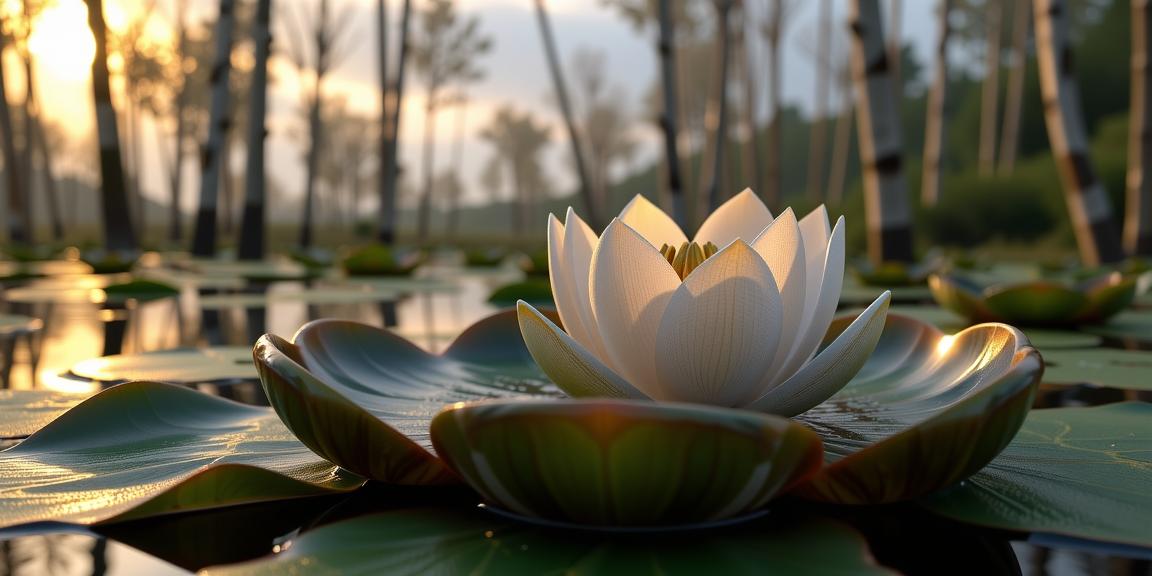 romanticism art by Jacques Firmin Beauvarlet and Patrick McHale and Warwick Goble , k Cycles render, concept art, knee level shot of a High Tech Water lily pad