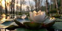 romanticism art by Jacques Firmin Beauvarlet and Patrick McHale and Warwick Goble , k Cycles render, concept art, knee level shot of a High Tech Water lily pad