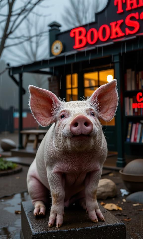 dramatic portrait, concept art, close up of a S Short Pig Sitting at a Quarry, background is Creepy Bookstore