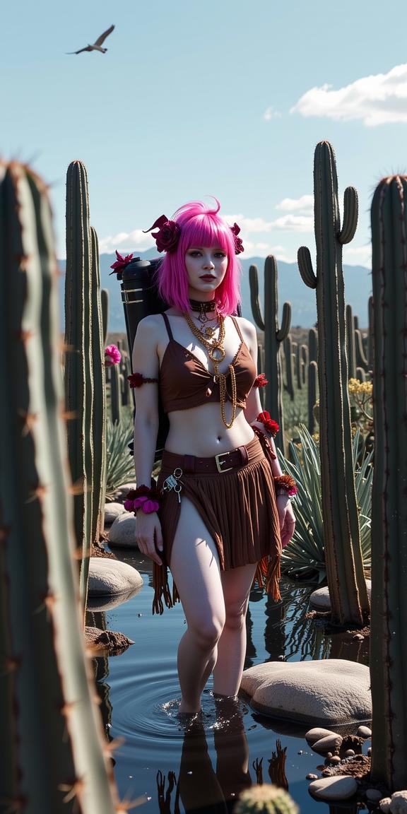epic Concept art, award winning, wide angle of a Sublime Morbid large Digital Age Female Mutant , she is surrounded by Cactuss