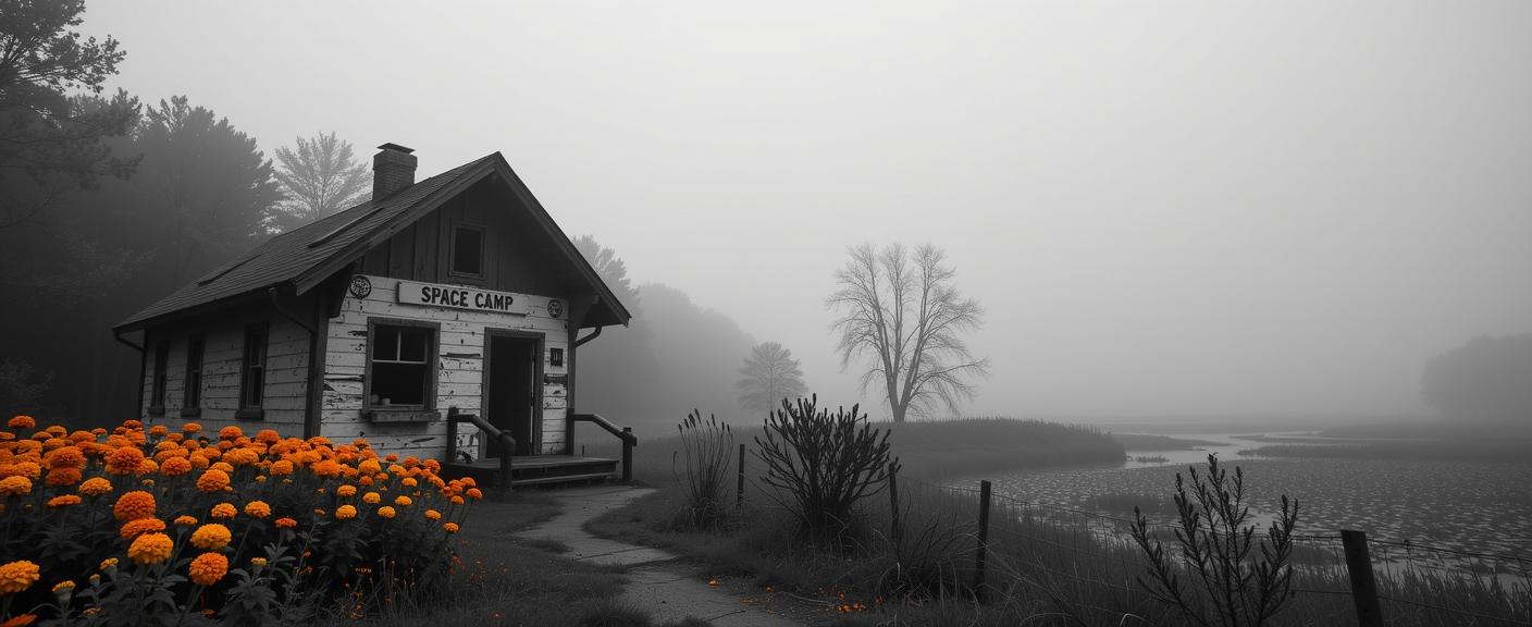 artistic RAW photo, stylized, wide shot of a Dilapidated Welcoming Space Camp , near Fresh Road