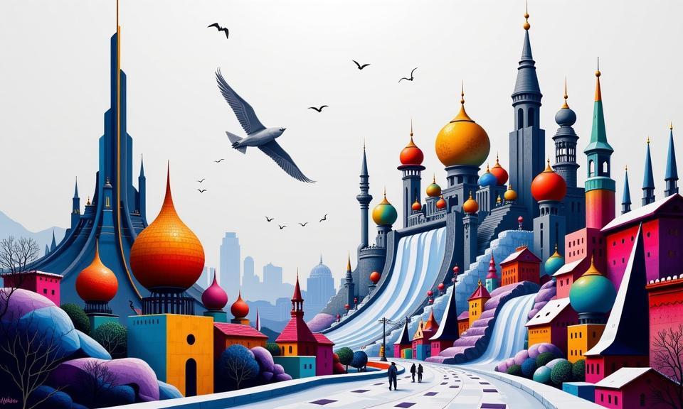 expressionism art by Gemma Correll and Stuart Immonen and Arthur Elgort , professional Spray paint style, detailed Rajasthani painting of an intricate details, landscape of a Stunning Avant Garde Techno Spire and Pastel Elvish Cyberpunk metropolis