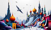 expressionism art by Gemma Correll and Stuart Immonen and Arthur Elgort , professional Spray paint style, detailed Rajasthani painting of an intricate details, landscape of a Stunning Avant Garde Techno Spire and Pastel Elvish Cyberpunk metropolis