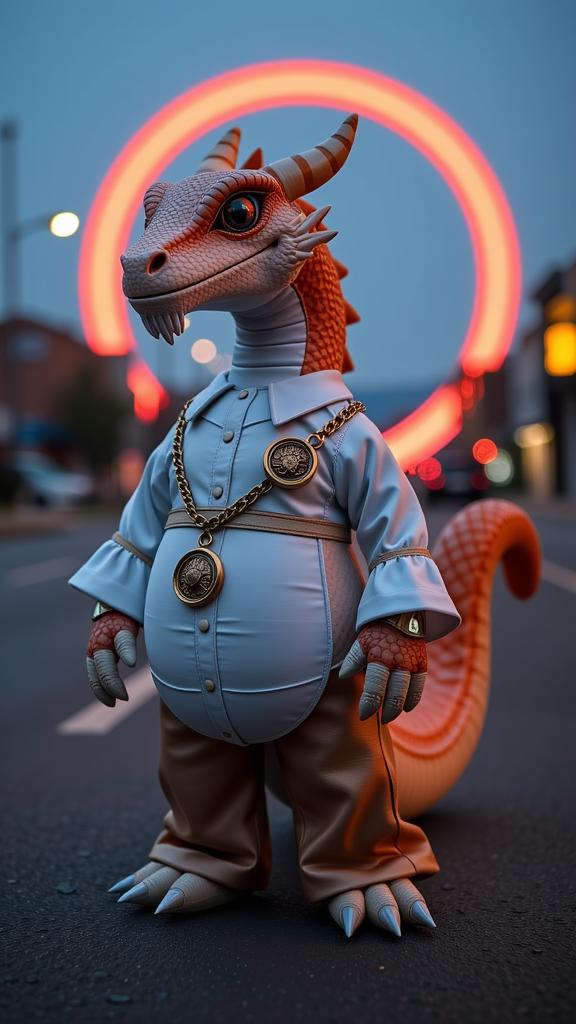 studio stuffed toy of a Golden ratio, obese Masai Dragonite of Ice Gecko hybrid, it is very Glam and Incredibly Detailed, it is cosplaying as Sauron