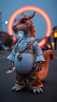 studio stuffed toy of a Golden ratio, obese Masai Dragonite of Ice Gecko hybrid, it is very Glam and Incredibly Detailed, it is cosplaying as Sauron