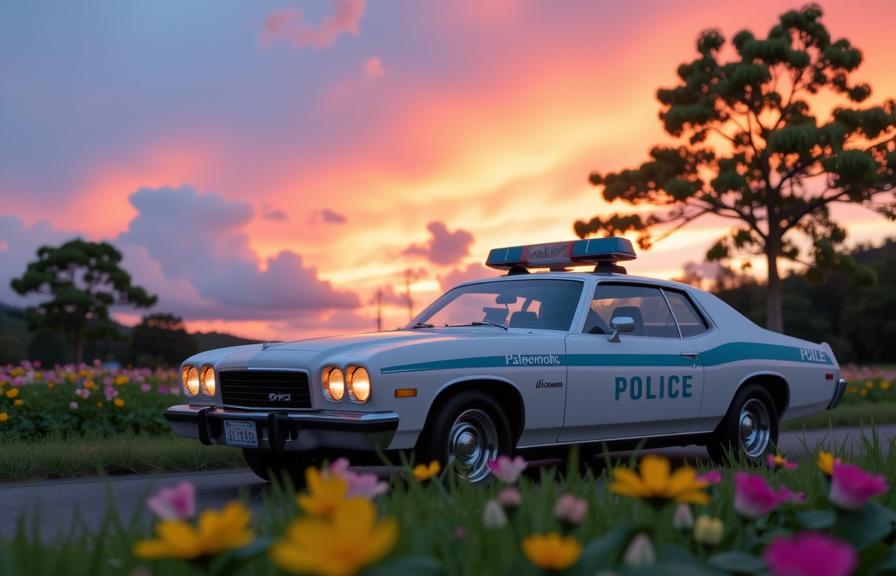 mundane Drone photo, colorful gond painting, professional Cross Processing Print of a Pearlescent theme , Studied Ludicrous White and Teal traditional Palauan Police car