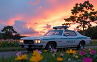 mundane Drone photo, colorful gond painting, professional Cross Processing Print of a Pearlescent theme , Studied Ludicrous White and Teal traditional Palauan Police car