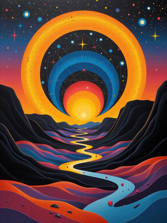 designed by Oskar Schlemmer and Don Maitz and Iber Camargo , vibrant Resin Art of a spiritual symbolism, landscape of a Entrancing Dieselpunk Star Cluster Nexus from inside of a Painted Hills, behance