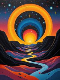 designed by Oskar Schlemmer and Don Maitz and Iber Camargo , vibrant Resin Art of a spiritual symbolism, landscape of a Entrancing Dieselpunk Star Cluster Nexus from inside of a Painted Hills, behance